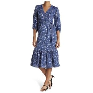 Max‎ Studio Women's Faux Wrap Blue Floral Cottagecore Boho Dress Size M